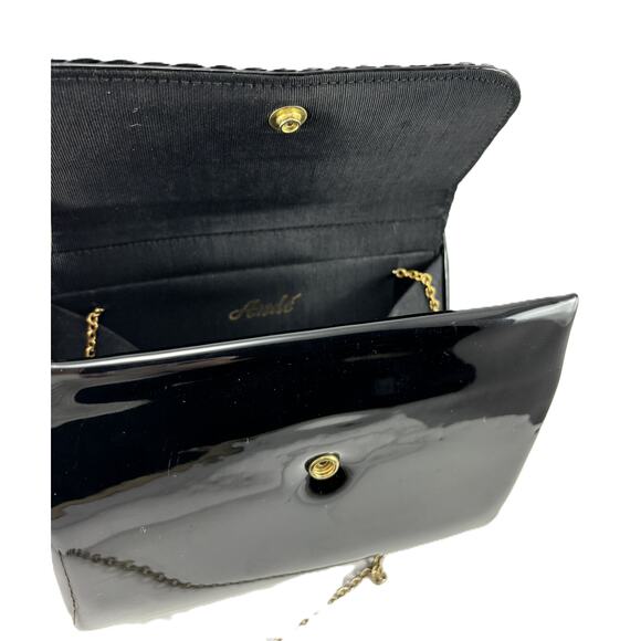 Vintage Midcentury Ande Handbag Black Clutch Purse Patent Leather with Chain - Picture 10 of 16